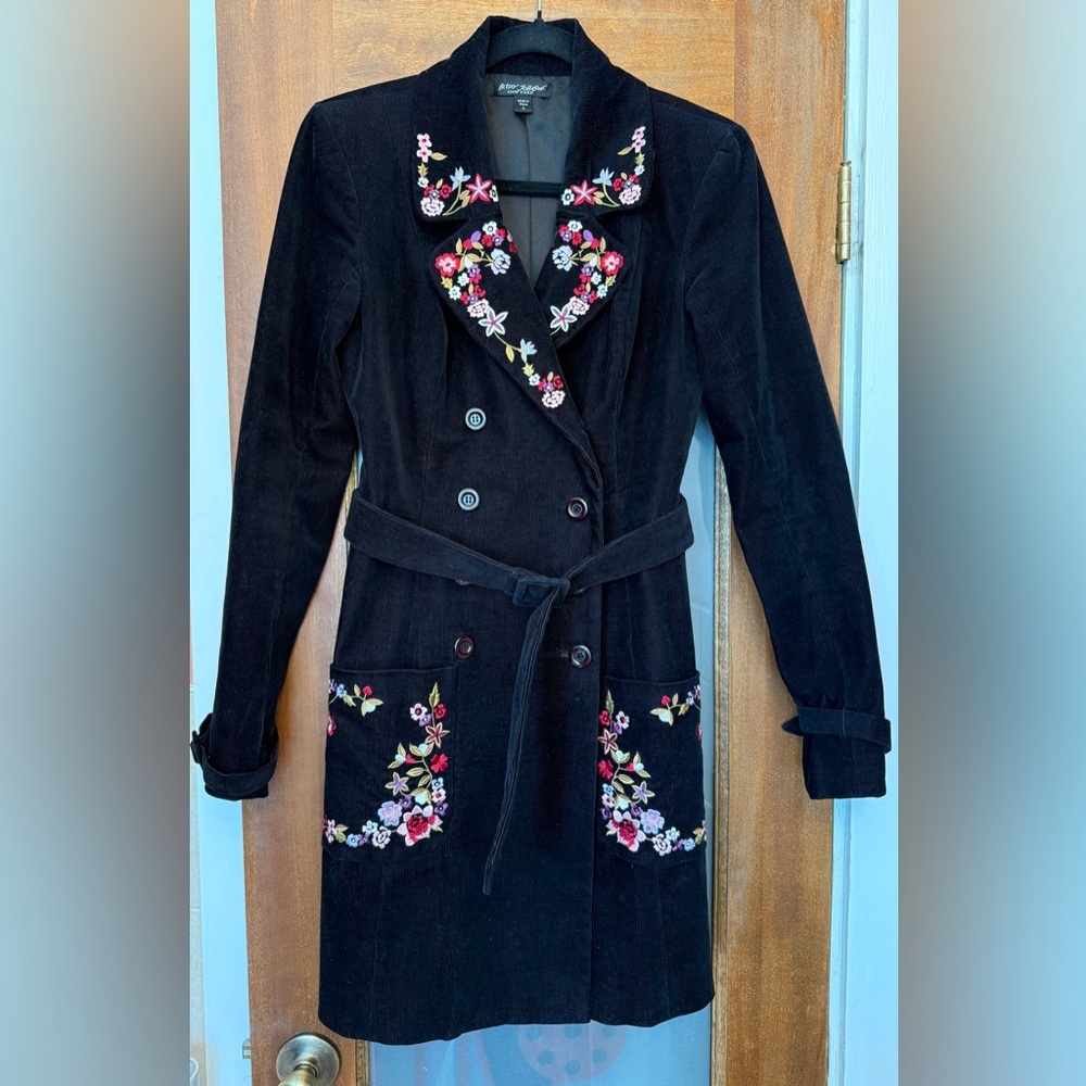 Betsey Johnson Black Corduroy Lined Belted Embroid Double Breasted Trench Coat
